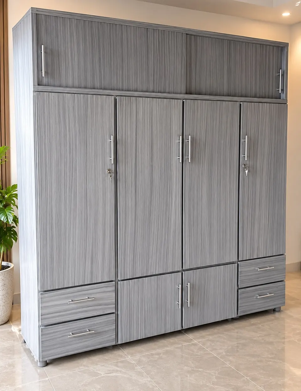 Closet gris veteado con maletero, cuatro puertas y cajones a los lados