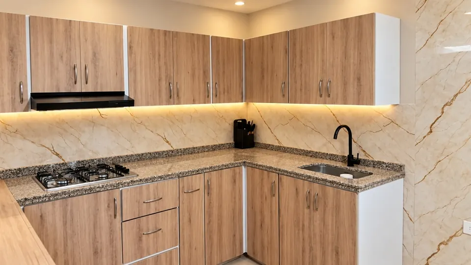Cocina integral en L en tono madera con mesón gris jaspeado y estufa empotrada