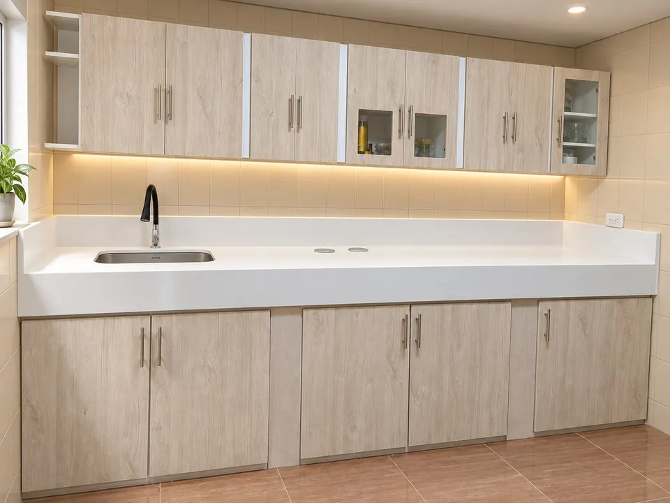 Cocina integral lineal en tono roble claro con mesón blanco, alacenas con puertas de vidrio y repisas abiertas