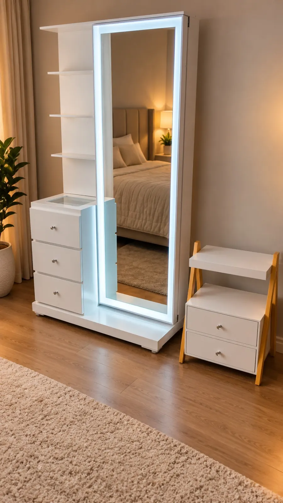 Vanity blanco con espejo de cuerpo entero, repisas abiertas y cajones, junto a una mesa de noche
