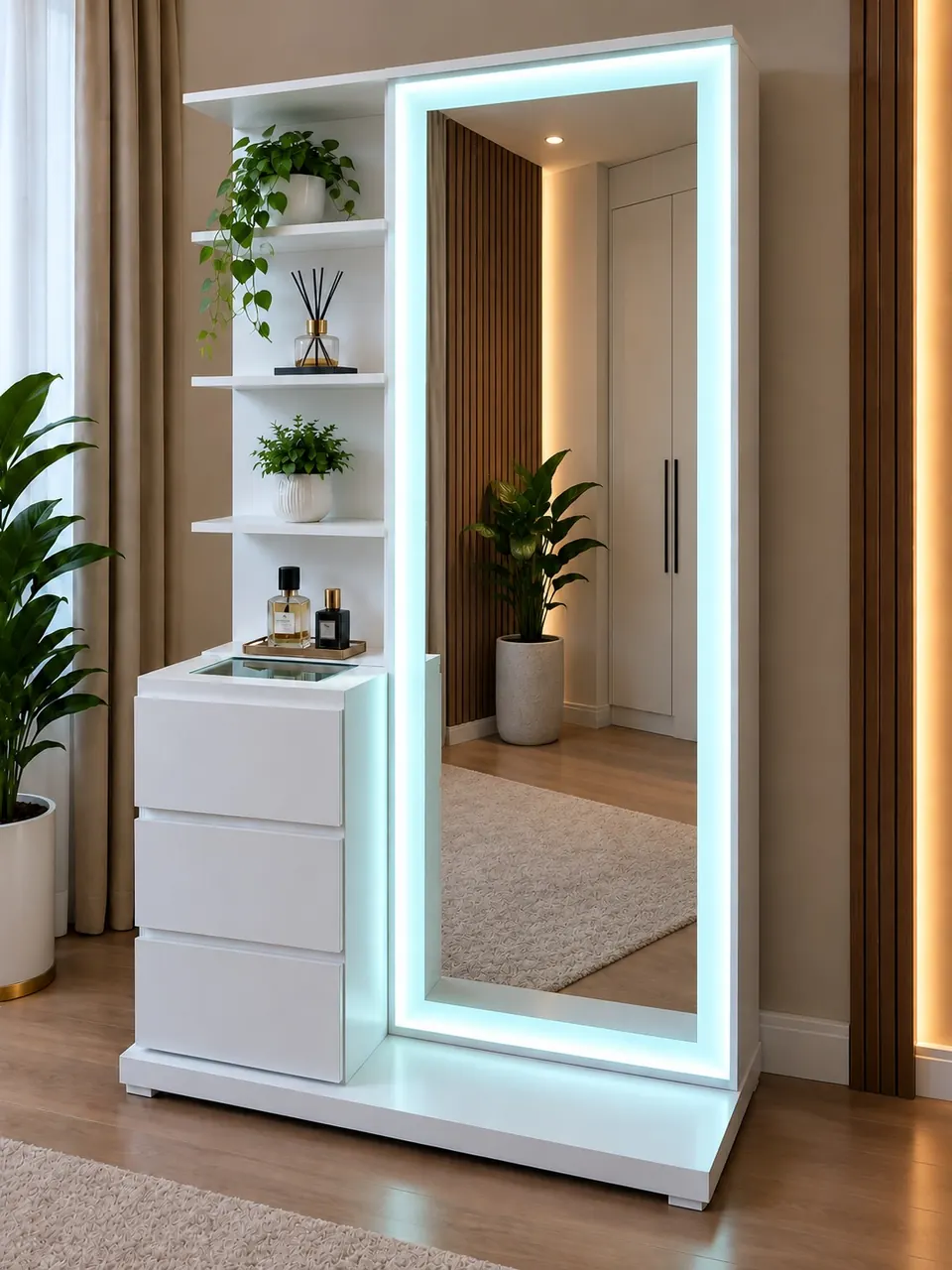Vanity blanco con espejo de cuerpo entero, repisas abiertas y tres cajones